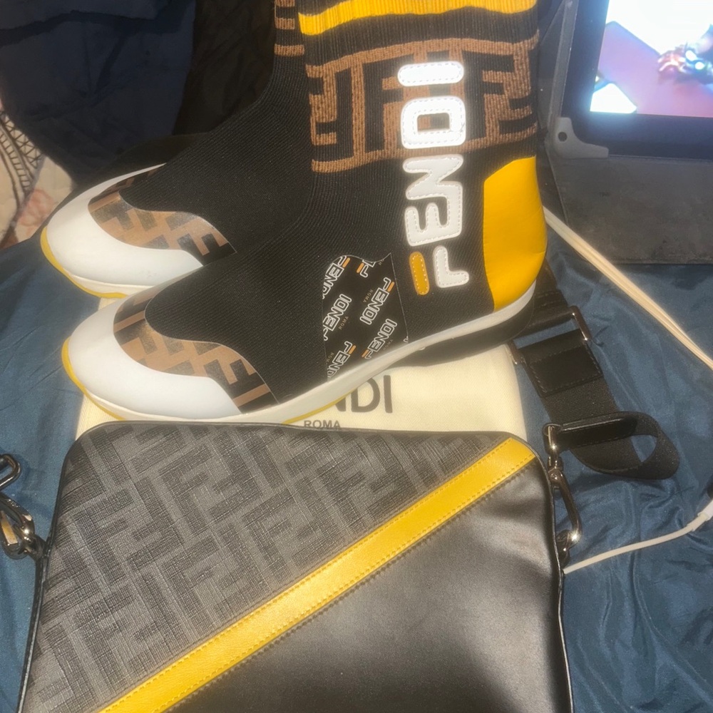 Fendi Black and Yellow Sneakers with Matching Bag
